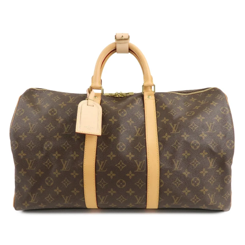 Louis Vuitton bags with a chain - link trim and a leather body for a modern edgeLouis Vuitton Monogram Keep All 50 Boston Bag Brown M41426