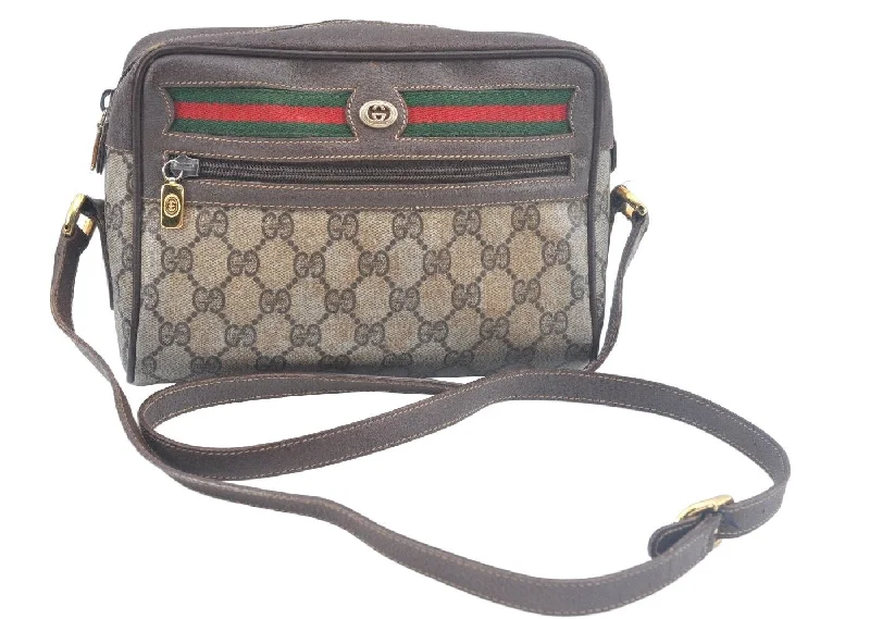 Ladies Gucci shoulder bags with a single - handle designAuthentic GUCCI Web Sherry Line Shoulder Cross Bag GG PVC Leather Brown K9913