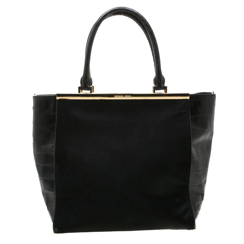 Michael Michael Kors Bags for food festivals with a design that can hold food - related itemsBlack Calf Hair and Croc Embossed Leather Large Lana Tote