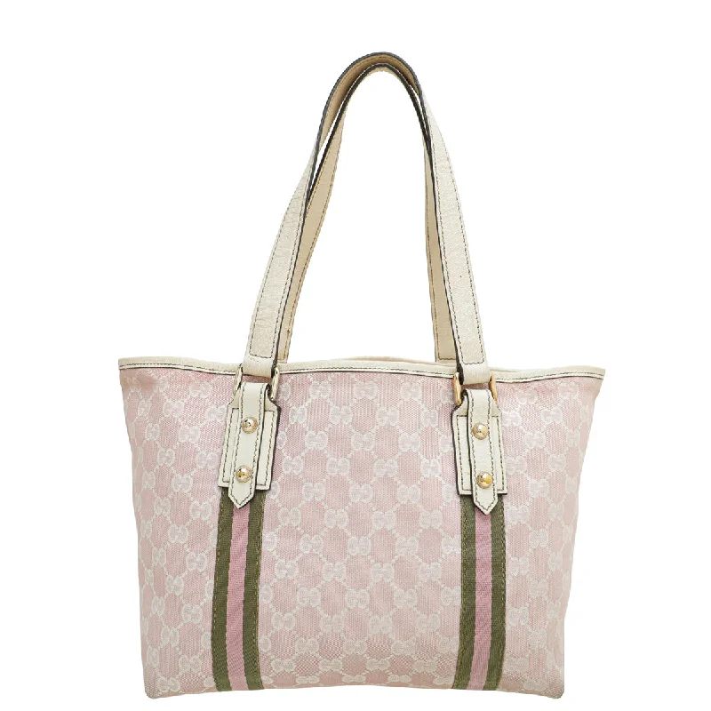 Women Gucci bags with a snap - button closure and a decorative charmGucci Pink GG Web Jolicoeur Tote Bag