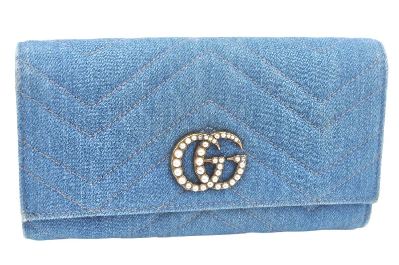 Women Gucci crossbody bags with a keychain holderAuthentic GUCCI GG Marmont Continental Long Wallet Denim 443436 Light Blue K9847