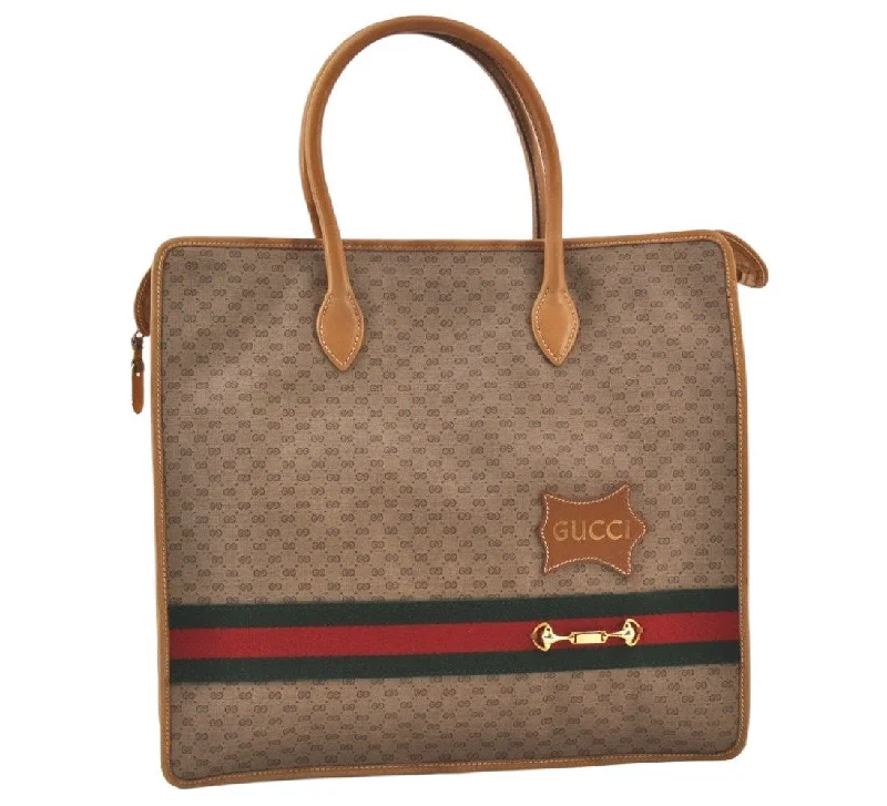 Women Gucci bags with a chain - link trim and a leather bodyAuthentic GUCCI Web Sherry Line Micro GG PVC Leather Tote Hand Bag Brown 9782J