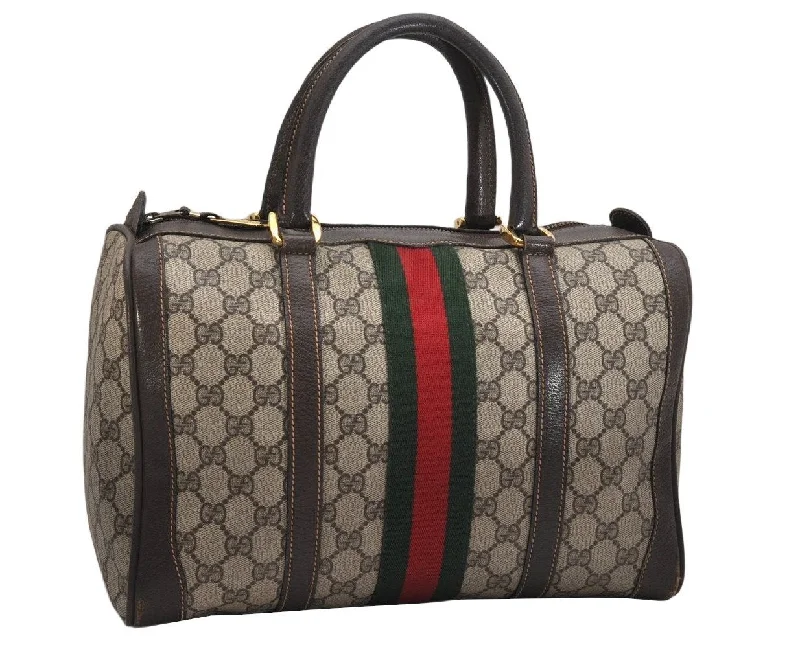 Ladies Gucci shoulder bags with a wide - width strapAuthentic GUCCI Web Sherry Line Hand Boston Bag GG PVC Leather Brown 9841J