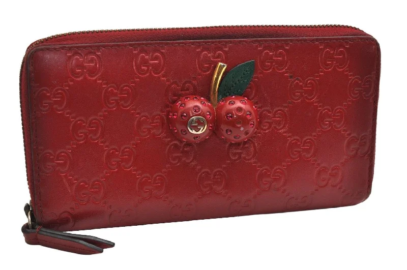 Women Gucci bags with a snap - button closure and a decorative charmAuthentic GUCCI Guccissima Cherry GG Leather Long Wallet Purse 476049 Red 9979J