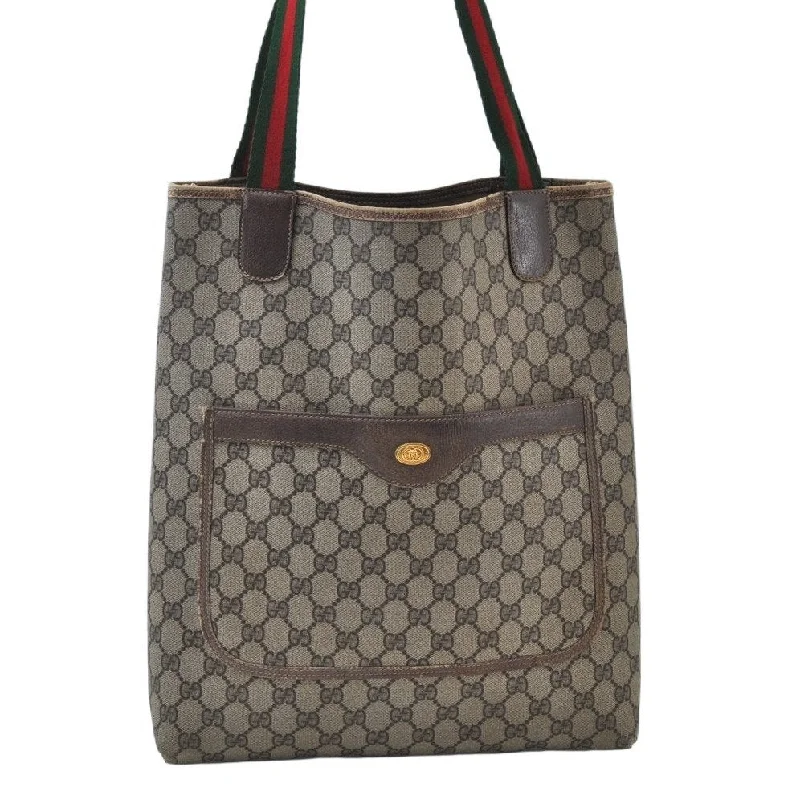 Gucci tote bags for women with a water - resistant coatingAuthentic GUCCI Web Sherry Line Shoulder Tote Bag GG PVC Leather Brown K9932