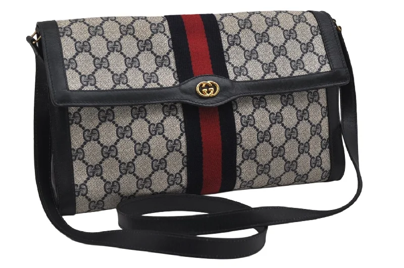 Gucci backpacks for women with a sleek silhouetteAuthentic GUCCI Sherry Line Shoulder Cross Bag GG PVC Leather Navy Blue 0361K