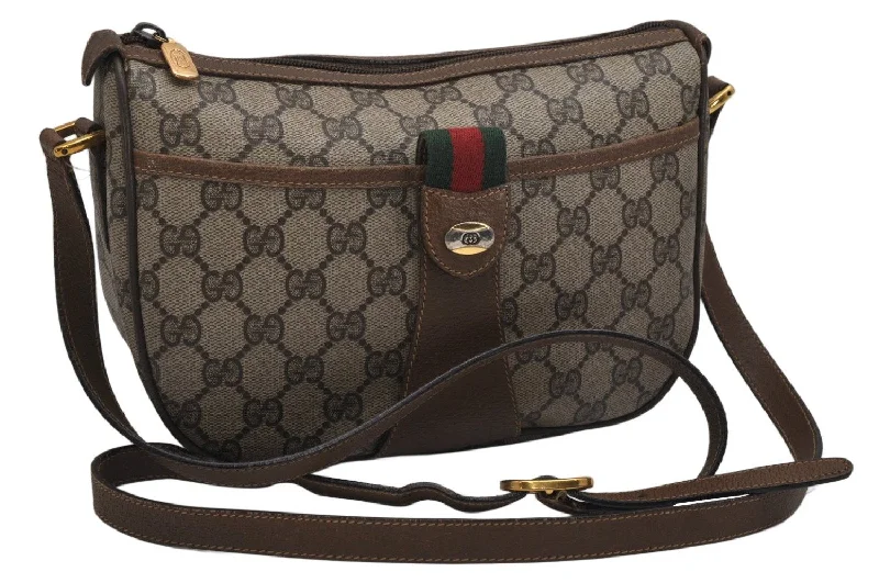 Gucci tote bags for women with a spacious interiorAuth GUCCI Web Sherry Line Shoulder Cross Bag GG PVC Leather Brown Junk 9869J