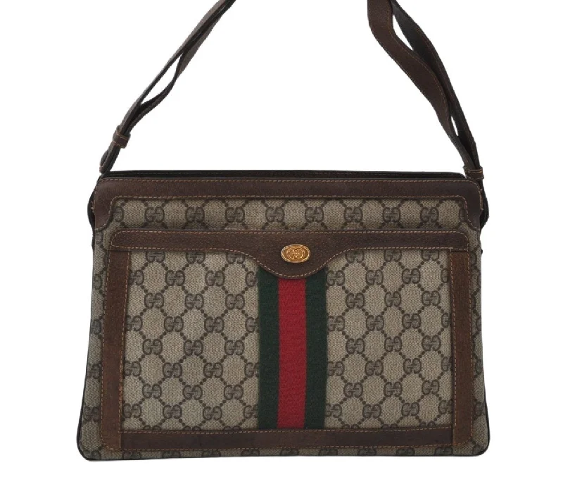 Women Gucci Sylvie bags with a crystal - embellished web stripeAuthentic GUCCI Web Sherry Line Shoulder Cross Bag GG PVC Leather Brown L0065