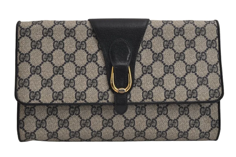 Women Gucci Sylvie bags with a detachable ribbon detailAuthentic GUCCI Clutch Shoulder Bag Purse GG PVC Leather Navy Blue Junk 9906J