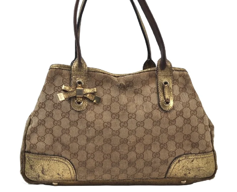 Women Gucci bags with a detachable mobile phone holderAuth GUCCI Sherry Line Princy Ribbon Tote Bag GG Canvas 163805 Brown Gold K9902