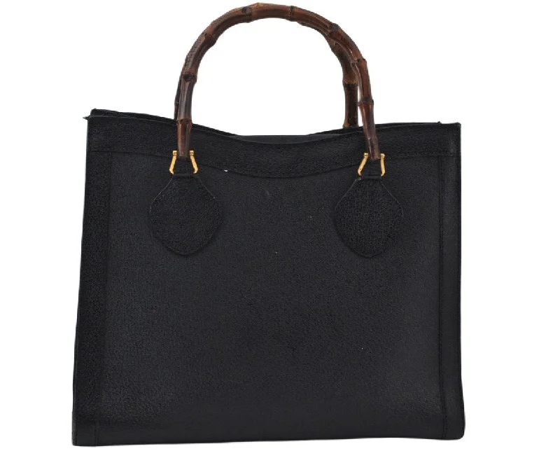 Gucci tote bags for women with a double - handle designAuthentic GUCCI Bamboo Vintage Hand Bag Leather Black Junk L0047