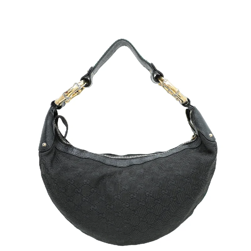 Small - sized Women Gucci shoulder bags for evening outingsGucci Black GG Web Bamboo Ring Hobo Bag