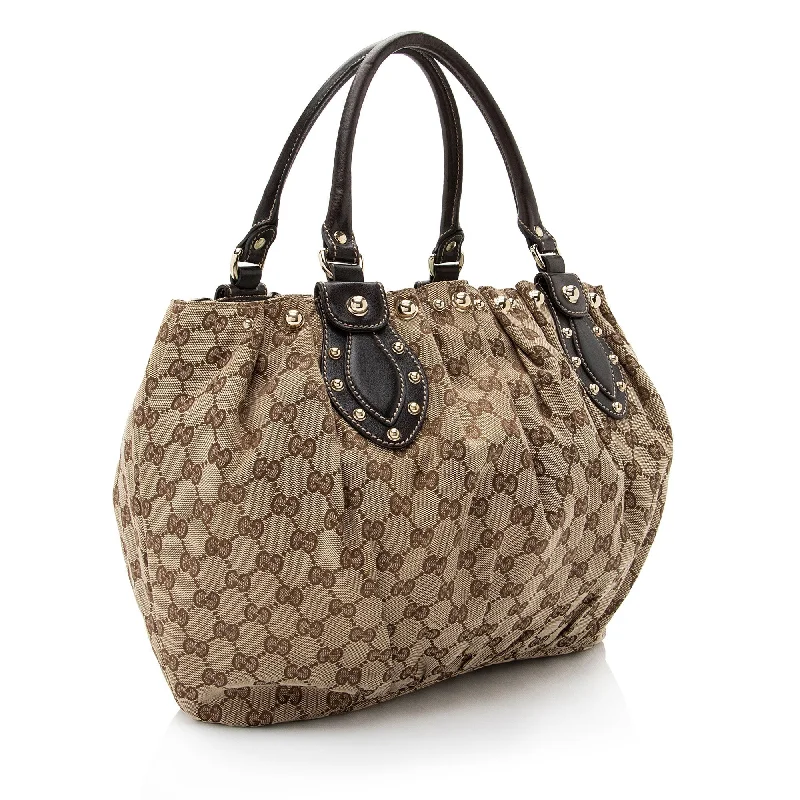 Women Gucci bags with a detachable mobile phone holderGucci GG Canvas Studded Pelham Small Tote (SHF-7KOZII)