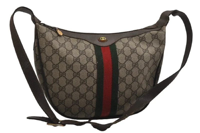 Women Gucci crossbody bags with a printed floral patternAuthentic GUCCI Web Sherry Line Shoulder Bag GG PVC Leather Brown Junk 9566J