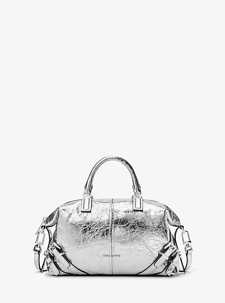 Michael Michael Kors Bags for plane trips with a TSA - friendly designMK Darrington Metallic Small Crackled Leather Satchel - Silver - Michael Kors