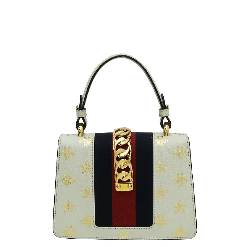 Women Gucci bags with a zip - around closure for securityGucci White Sylvie Top Handle Bee Star Mini Bag