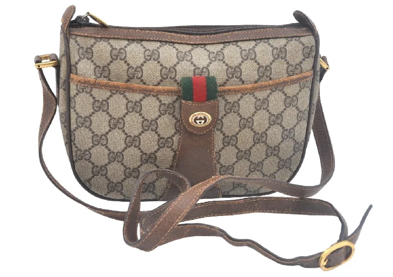 Gucci tote bags for women with a double - handle designAuthentic GUCCI Web Sherry Line Shoulder Cross Bag GG PVC Leather Brown L0074