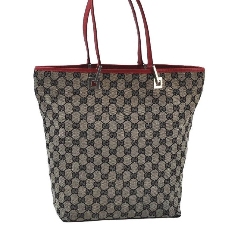 Gucci tote bags for women with a spacious interiorAuthentic GUCCI Shoulder Tote Bag GG Canvas Leather 0011098 Black Red K9800