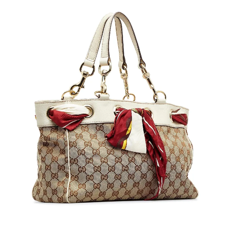 Women Gucci bags with a front - flap pocket for quick - access itemsGucci GG Canvas Positano Tote Bag (SHG-1keonk)