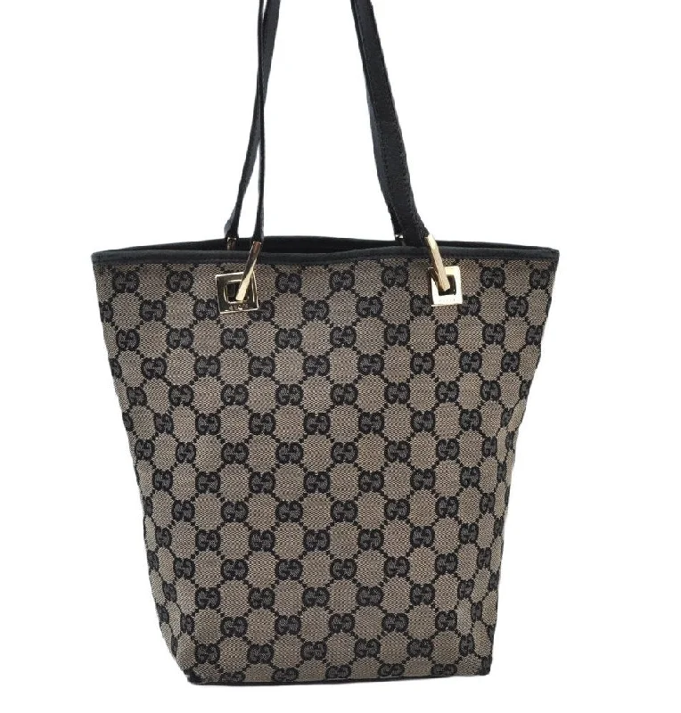 Women Gucci bags with a chain - link trim and a leather bodyAuthentic GUCCI Vintage Shoulder Tote Bag GG Canvas Leather Black K9917