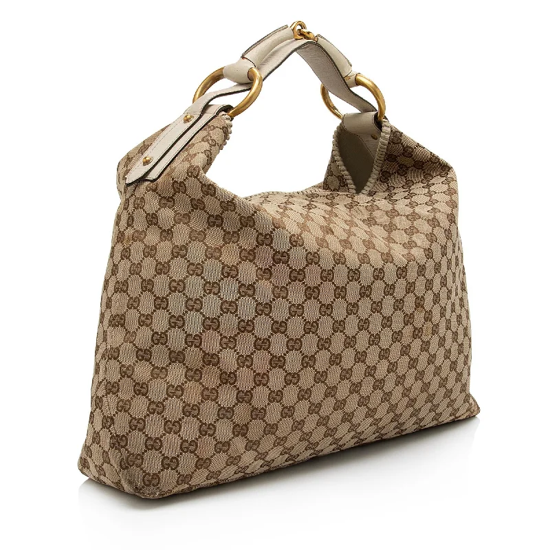 Women Gucci bags with a chain - link trim and a leather bodyGucci GG Canvas Horsebit Large Hobo - FINAL SALE (SHF-cqgUHp)