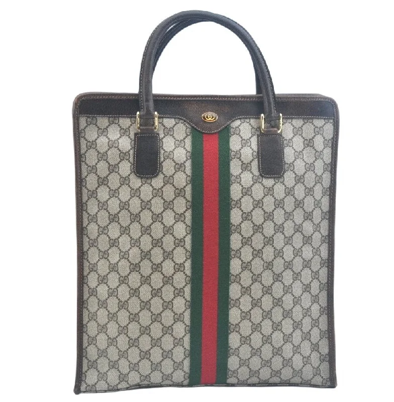 Gucci tote bags for women with a water - resistant coatingAuthentic GUCCI Web Sherry Line Hand Bag GG PVC Leather Brown K9824