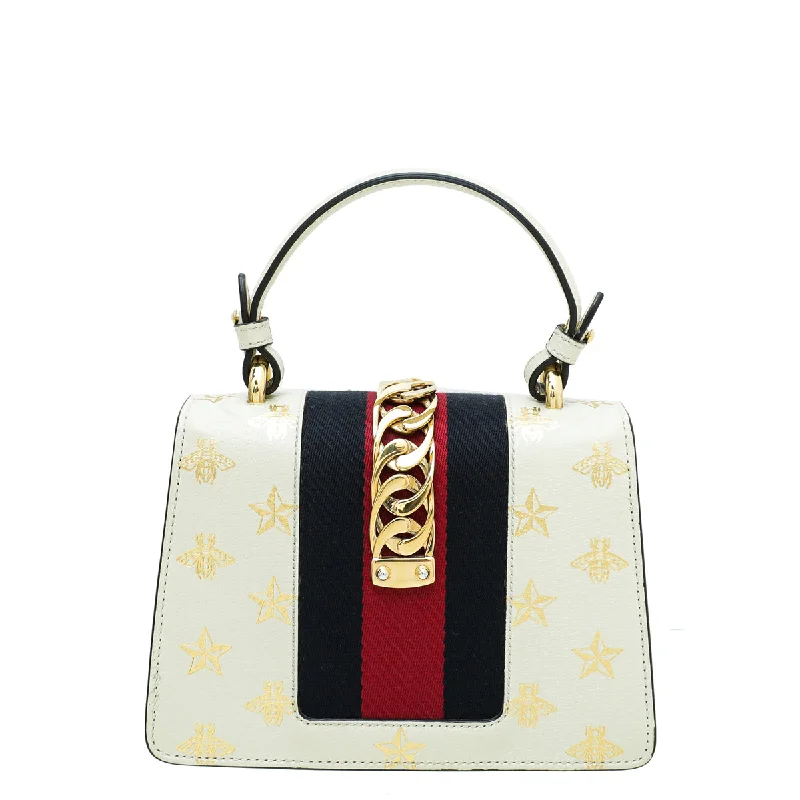 Medium - sized Women Gucci handbags for everyday useGucci White Sylvie Bee Star Mini Top Handle Bag