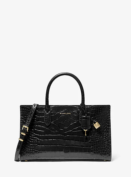 Michael Michael Kors Bags for antique shows in a classic and elegant styleMK Scarlett Medium Crocodile Embossed Patent Leather Satchel - Black - Michael Kors