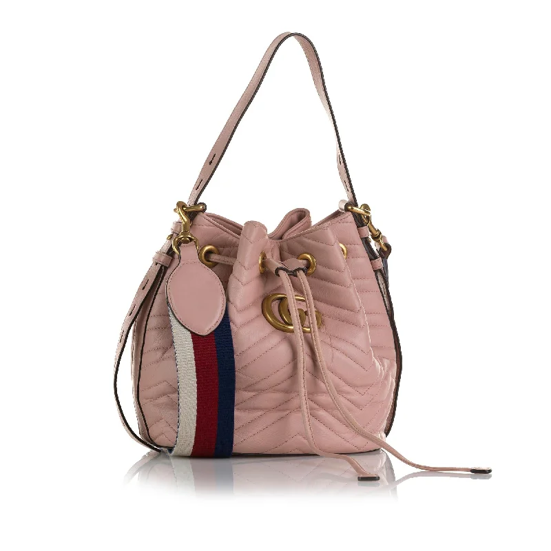 Women Gucci Sylvie bags with a crystal - embellished web stripeGucci GG Marmont Web Bucket Bag (SHG-QWqd0K)