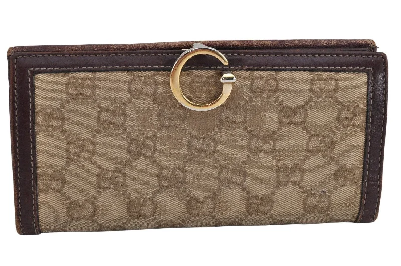 Women Gucci bags with a front - flap pocket for quick - access itemsAuthentic GUCCI Long Wallet Purse GG Canvas Leather 190389 Beige Brown 9729J