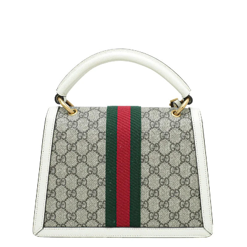 Women Gucci Sylvie bags featuring the signature web stripeGucci Bicolor GG Supreme Queen Margaret Top Handle Small Bag