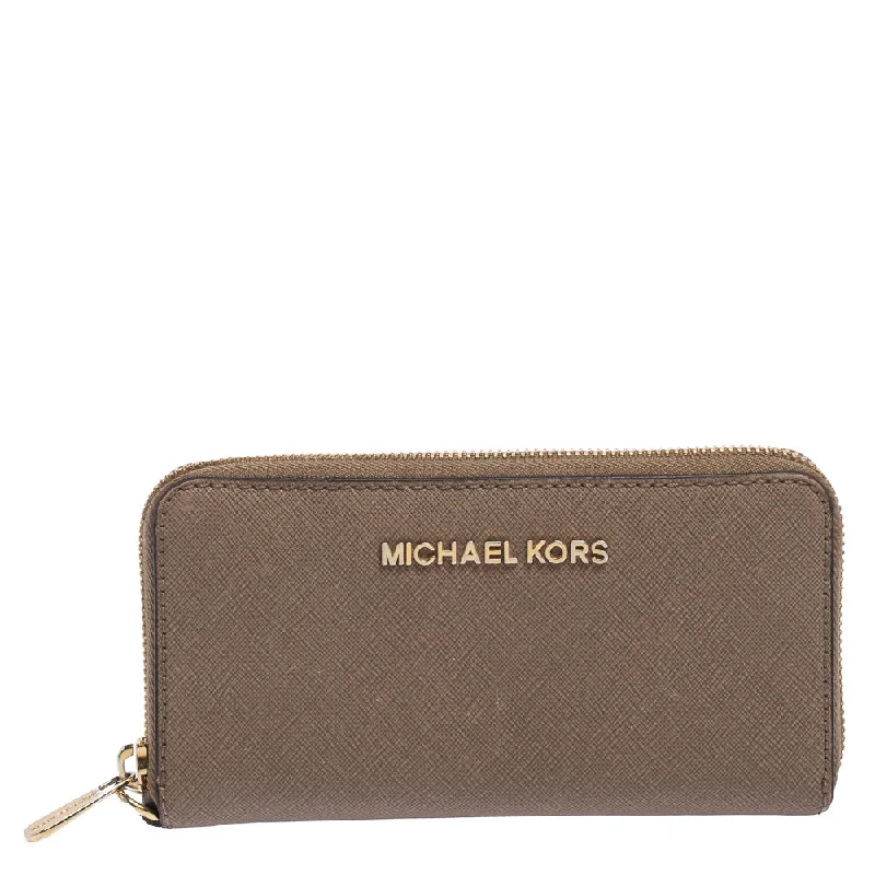 Michael Michael Kors Bags for road trips with enough space for snacksBeige Leather Zip Around Wristlet Wallet