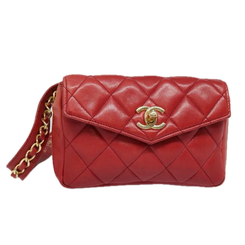 Chanel Designer Handbag with Unique DesignCHANEL Matelasse Chain Waist bag Lamb Skin Red Gold CC  bs18456