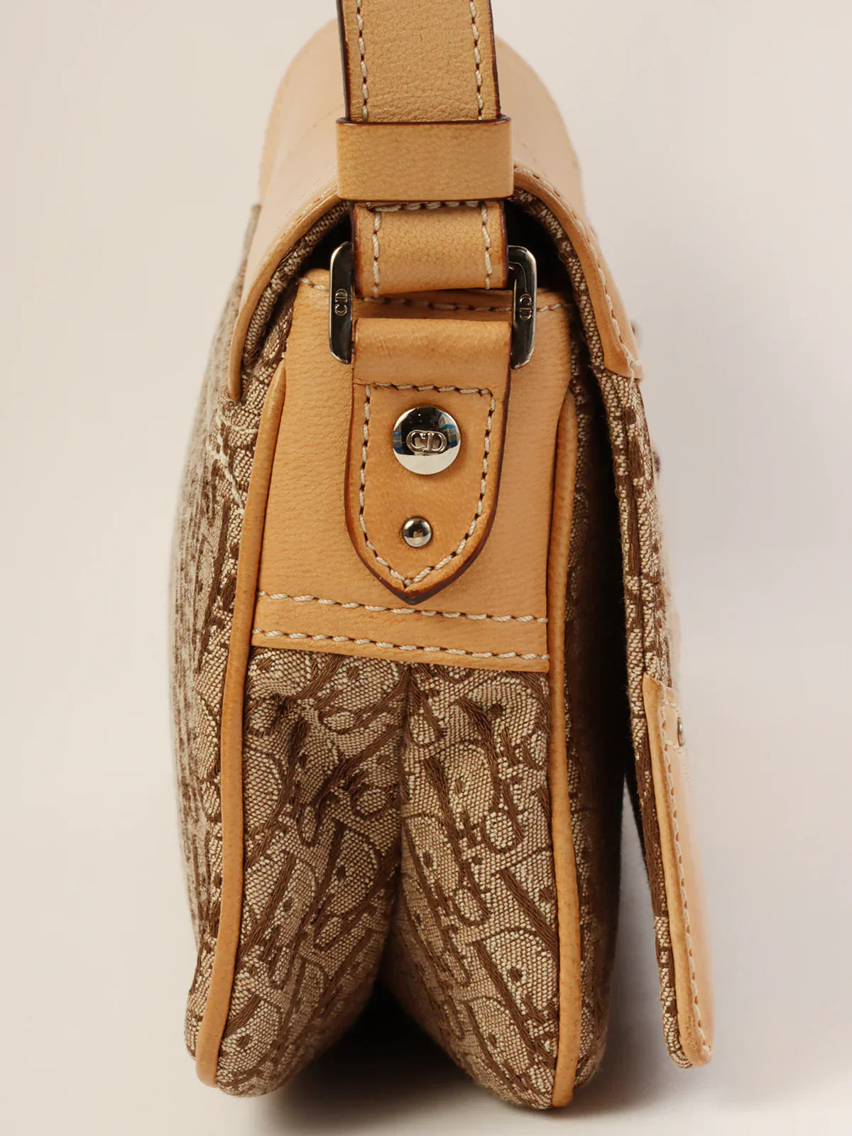 Christian Dior bags with a side - pocket for holding a water bottleDIOR Canvas Leather Combination Trotter Pattern Shoulder Bag Beige